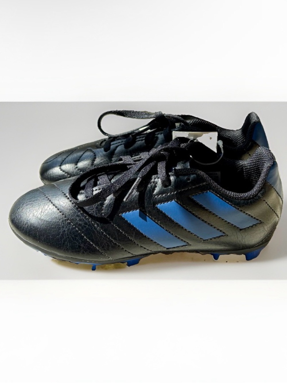 New Adidas Kids Black and Blue Soccer Cleats - Three-Stripe Design